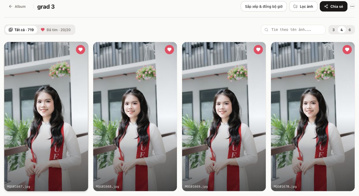 Album grad 3 trên Lumipic local hiển thị lưới ảnh JPEG, tên file và nút Chia sẻ