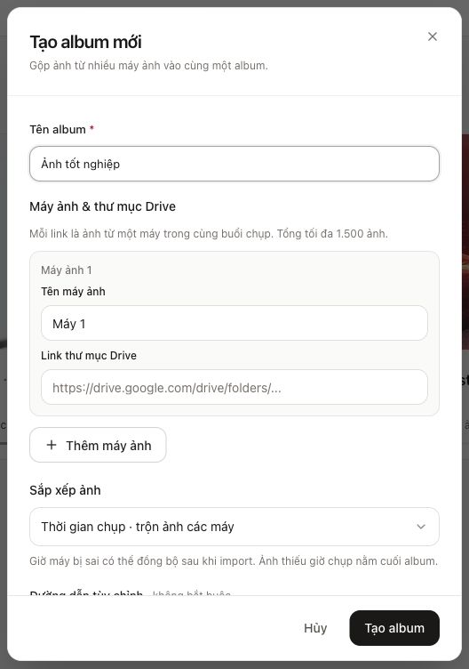 Form Tạo album mới của Lumipic với tên album, tên máy ảnh và ô dán link thư mục Google Drive